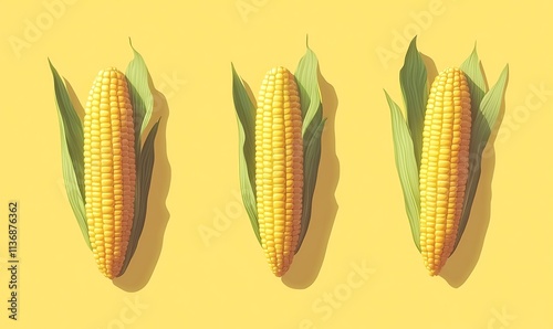 Three ears of corn on a yellow background photo