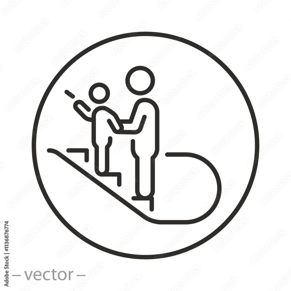 elevator sign, hand holding child on the escalator icon, safety rule for parent with kids, thin line web symbol on white background - editable stroke vector illustration eps10 elevator sign, hand holding child on the escalator icon, safety rule for parent with kids, thin line web symbol on white background - editable stroke vector illustration eps10