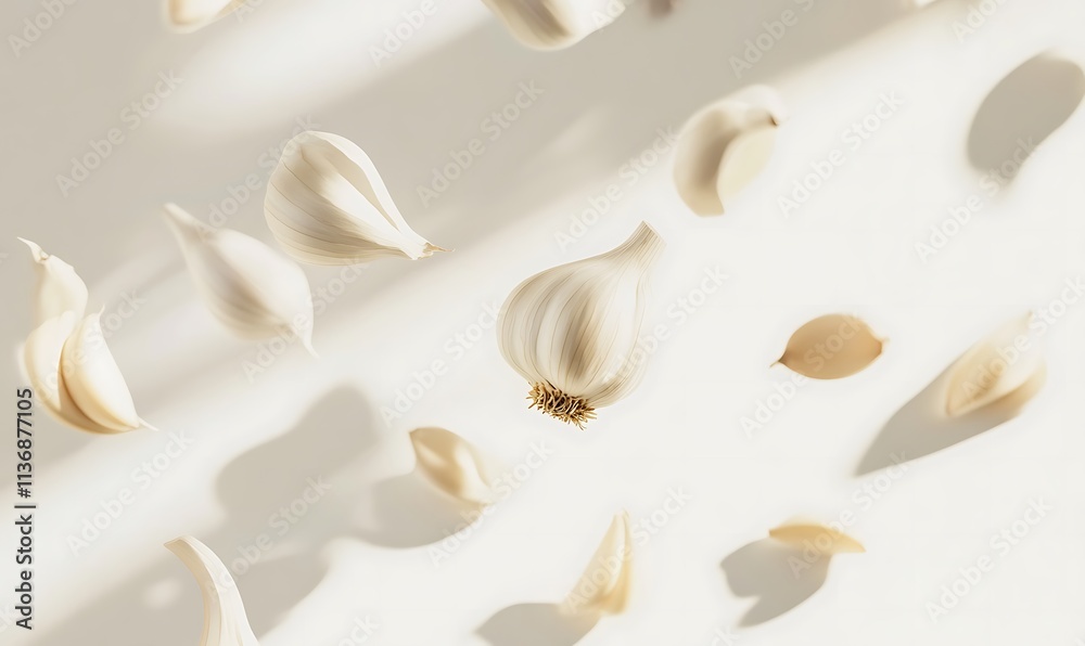 Floating Garlic Cloves and Bulbs in Soft Light Floating Garlic Cloves and Bulbs in Soft Light
