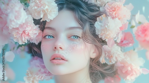 Dreamy Portrait of a Woman Surrounded by Soft Flowers