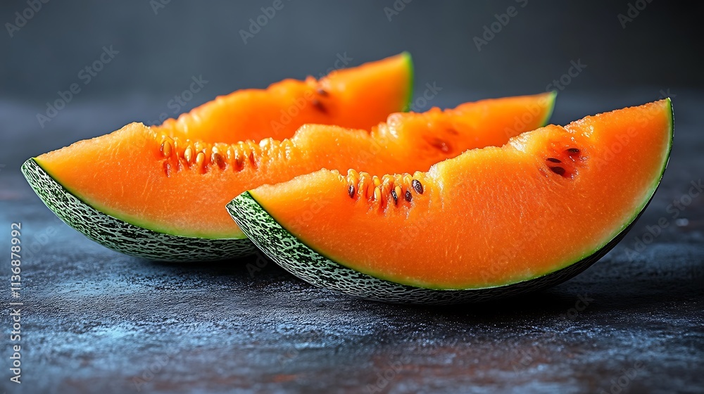 Slices of ripe orange cantaloupe melon on dark surface Slices of ripe orange cantaloupe melon on dark surface
