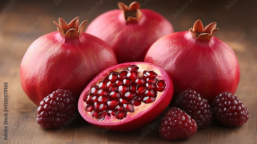 Pomegranates and Raspberries on Wooden Surface Pomegranates and Raspberries on Wooden Surface