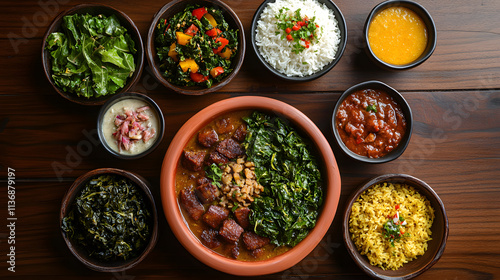 A Brazilian Culinary Delight: Aesthetic Presentation of Feijoada Accompanied by Traditional Dishes Served in a Charming Clay Bowl