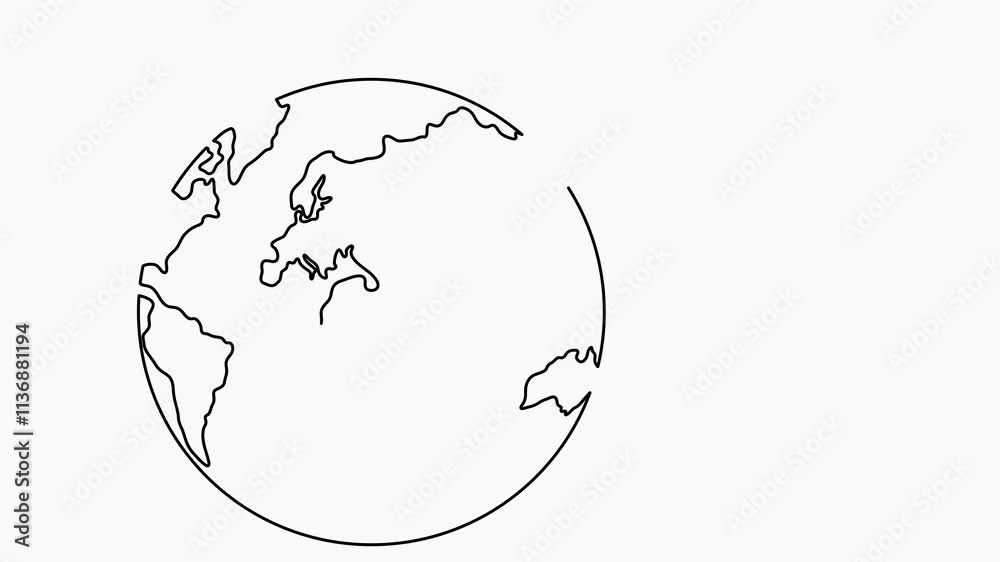 World map with flying paper airplane one line art animated video. Continuous Earth globe line drawing animation.