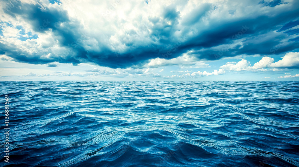 Fototapeta premium Calm blue sea reflecting dramatic cloudscape on cloudy day