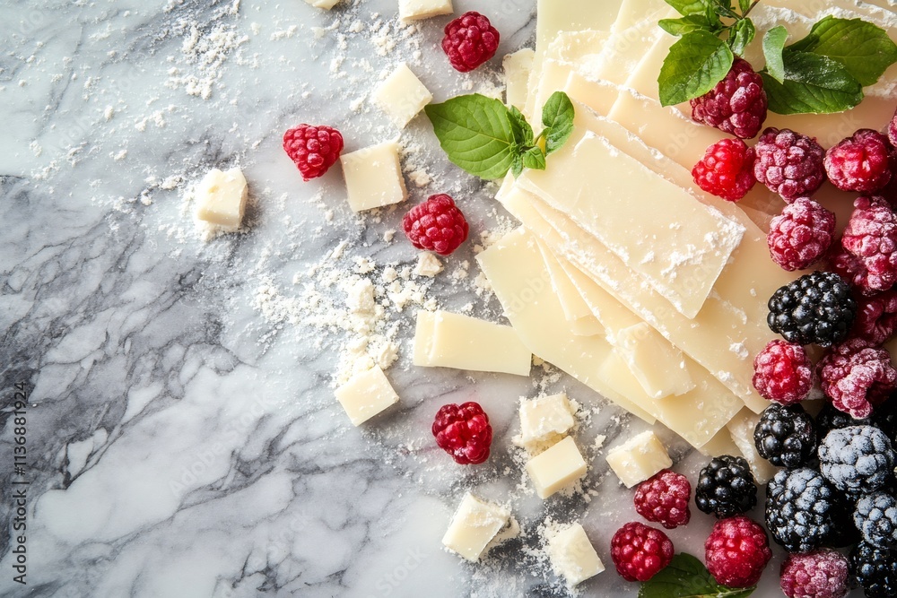 White chocolate bars with fresh raspberries and blackberries on marble White chocolate bars with fresh raspberries and blackberries on marble