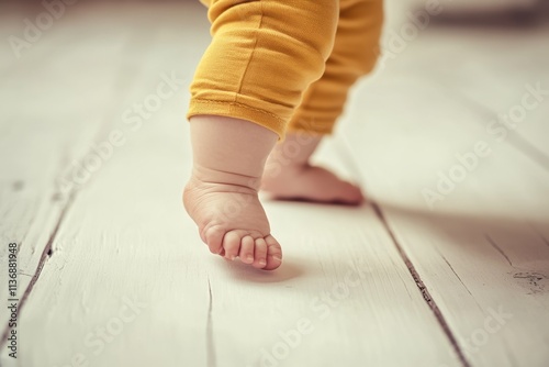 Close up Baby feet walking barefoot on clean white wooden floor at home. Baby child legs in pants standing on warm floor. Underfloor heating. First step. Infant bare feet. Toddler kid learning to walk photo