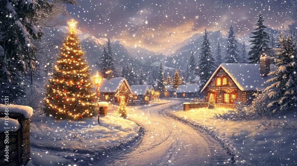 Snow falling on christmas village with illuminated houses and christmas tree Snow falling on christmas village with illuminated houses and christmas tree