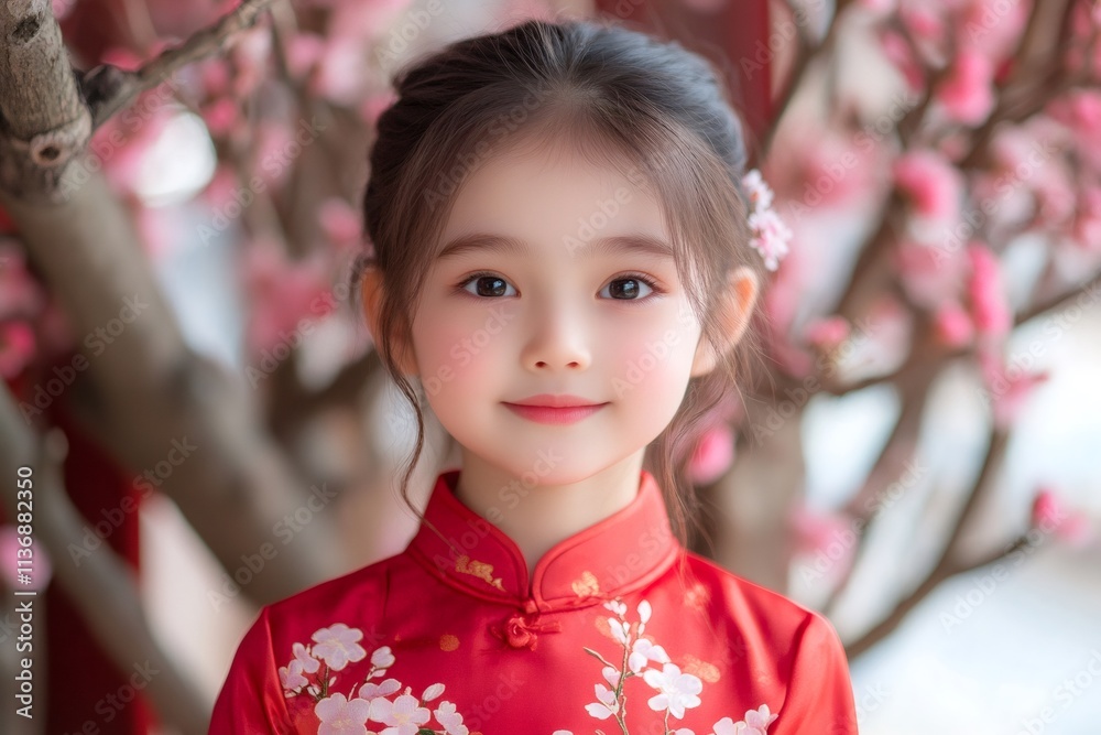 Adorable asian girl wearing traditional red dress for lunar new year celebration Adorable asian girl wearing traditional red dress for lunar new year celebration
