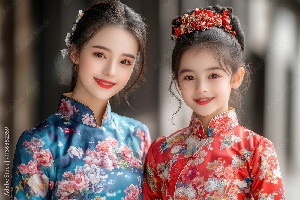 Mother and daughter smile while wearing traditional chinese clothing Mother and daughter smile while wearing traditional chinese clothing