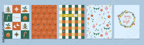 Vintage Christmas greeting cards. Set of cute Winter holidays prints. Xmas congratulations. Hand drawn flat design vector illustrations for poster, textile, postcard.
