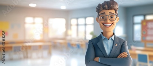 A man in a suit is smiling and standing in front of a white board