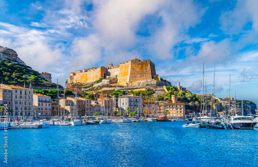 Scenic view of Bonifacio harbor and town in Corsica island, France