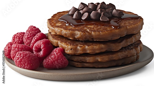 Chocolate Chip Pancakes Served With Fresh Raspberries photo