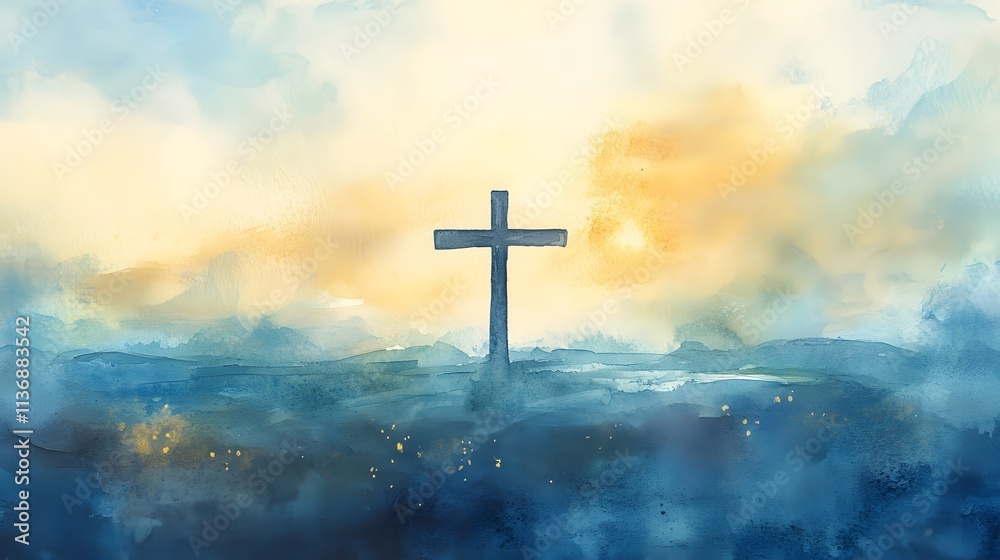 Watercolor Cross in a Serene Blue Landscape Watercolor Cross in a Serene Blue Landscape