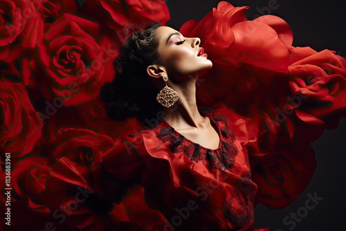 flamenco dancer emerging from a red rose flower