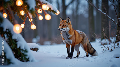 Zorro en un Bosque Nevado con Luces Navideñas
