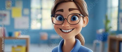 A cartoon girl with glasses is smiling and looking at the camera