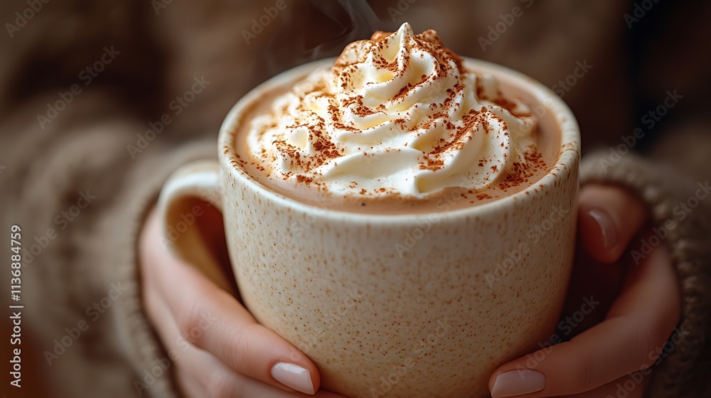 Warm Hands Holding Steaming Hot Chocolate With Whipped Cream Warm Hands Holding Steaming Hot Chocolate With Whipped Cream