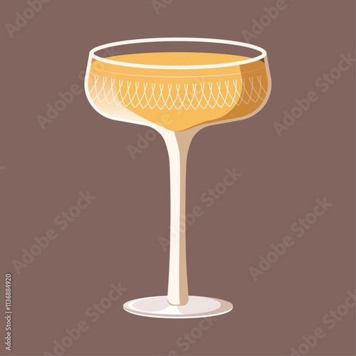 Vector illustration of champagne in crystal glass. Festive drink in coupe glass.