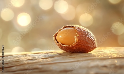 A single hazelnut rests on wood in soft light
