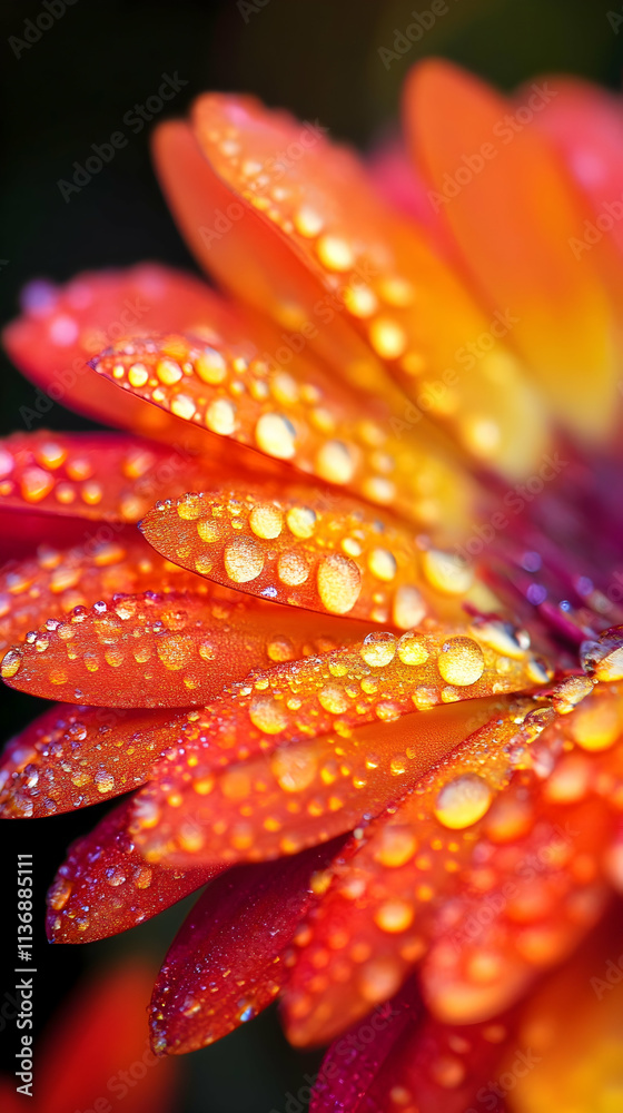 Vibrant Gerbera Daisy Petals with Dew Drops, Nature's Colorful Masterpiece, Close-up Photography