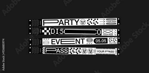 Control ticket bracelets for events, disco, festival, fan zone, party, staff. Vector mockup of a festival bracelet in a futuristic style