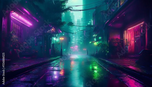 Gloomy cyberpunk cityscape with deserted alley illuminated by neon lights in the rain at night. Generative AI
