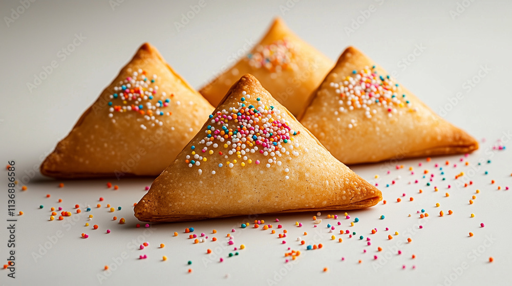 The soft, golden Hamantaschen cookies filled with sweet fillings are beautifully arranged on a table for Purim festivities, surrounded by colorful sprinkles and a festive atmosphere The soft, golden Hamantaschen cookies filled with sweet fillings are beautifully arranged on a table for Purim festivities, surrounded by colorful sprinkles and a festive atmosphere