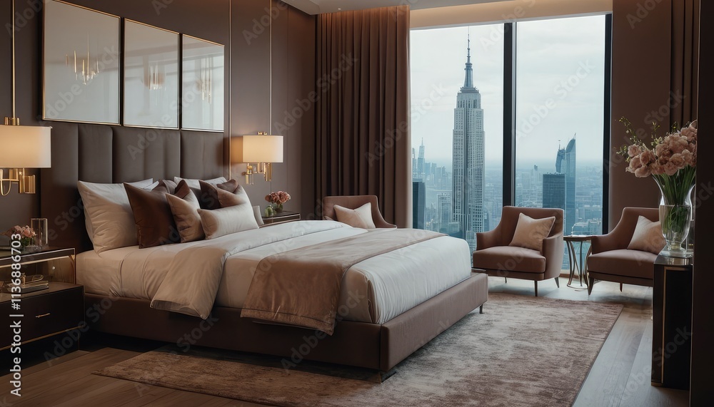 Fototapeta premium A spacious, upscale bedroom featuring a grand chandelier, sleek furnishings, and panoramic windows showcasing a stunning cityscape under soft natural light. Mocha Mousse colored walls.