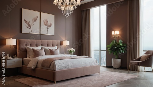 A spacious, upscale bedroom featuring a grand chandelier, sleek furnishings, and panoramic windows showcasing a stunning cityscape under soft natural light. Mocha Mousse colored walls.