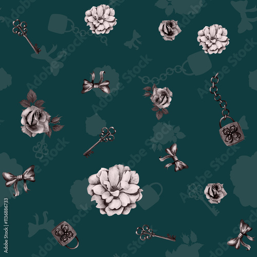 Seamless pattern with black and white roses, ribbons, golden key on a green background. Graphic composition for packaging,wrapping paper,  textiles, graffiti, wallpaper and print.