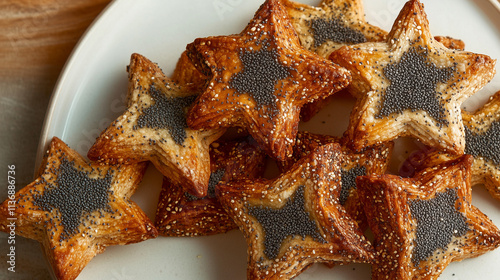 A colorful assortment of Hamantaschen cookies is displayed on a festive table, celebrating Purim amidst a cheerful atmosphere and blurred decorations photo