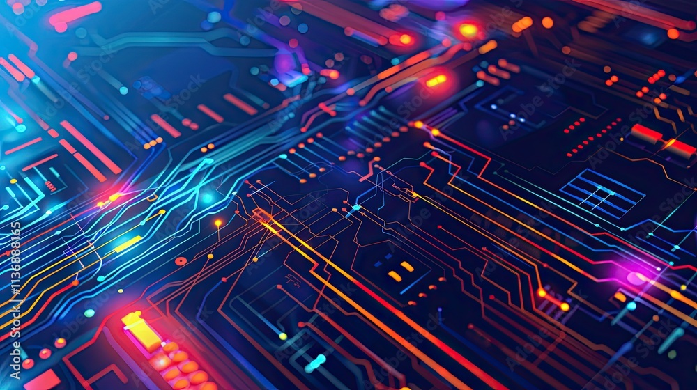 Abstract digital circuit design with vibrant colors and intricate patterns. Abstract digital circuit design with vibrant colors and intricate patterns.