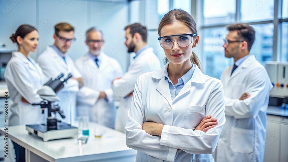 Portrait of a confident female researcher in a white lab coat and glasses working in a modern medical science laboratory with a team of specialists behind her Portrait of a confident female researcher in a white lab coat and glasses working in a modern medical science laboratory with a team of specialists behind her