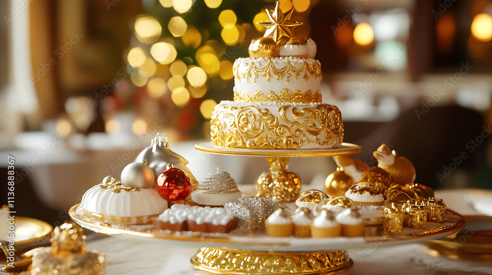 A Festive Display of Sugar Christmas Decorations and Luxurious Cakes Decorated with Gold and Silver in a Surreal Restaurant Setting A Festive Display of Sugar Christmas Decorations and Luxurious Cakes Decorated with Gold and Silver in a Surreal Restaurant Setting