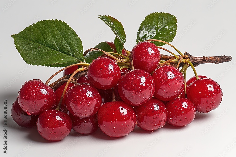Fresh red cherries with water drops and green leaves on white background