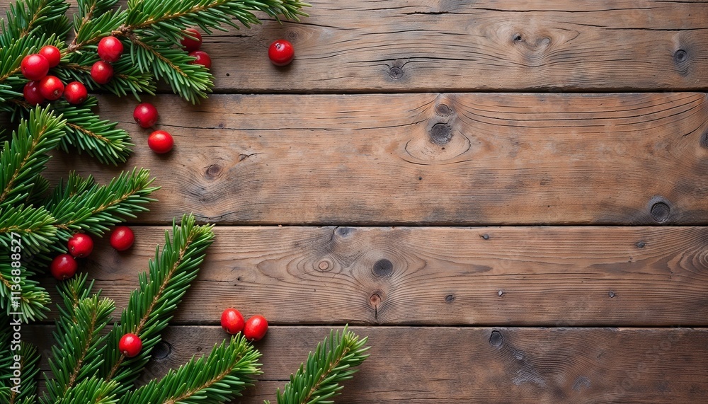 Christmas pine branches and red berries on rustic wooden background Christmas pine branches and red berries on rustic wooden background