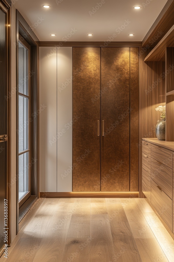 Modern walk-in closet with wood flooring, built-in cabinets, and recessed lighting. Modern walk-in closet with wood flooring, built-in cabinets, and recessed lighting.