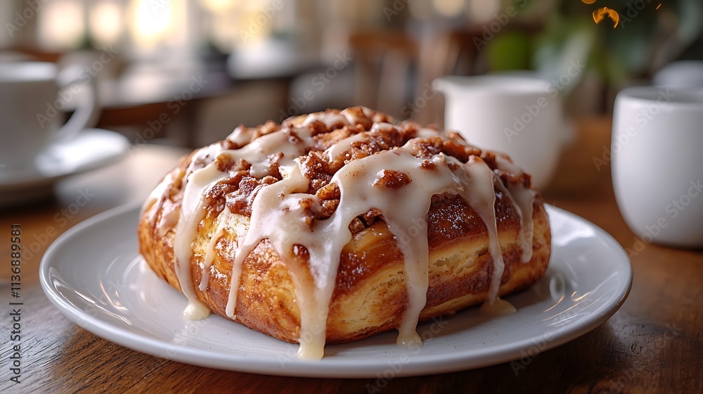 Glazed Cinnamon Roll Pastry On White Plate Glazed Cinnamon Roll Pastry On White Plate