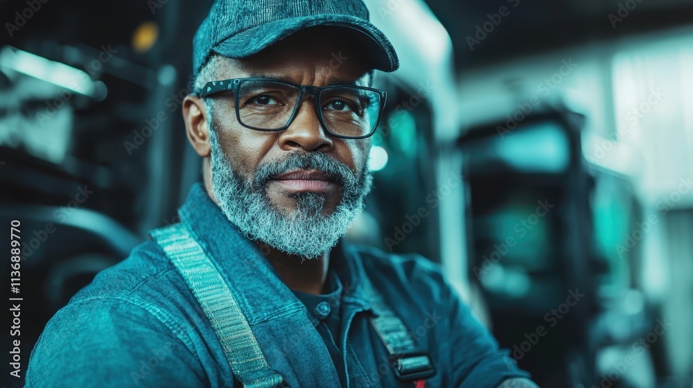 A mature man in denim stands confidently beside a large truck. His strong gaze and stance evoke a sense of experience, strength, and resilience in his field. A mature man in denim stands confidently beside a large truck. His strong gaze and stance evoke a sense of experience, strength, and resilience in his field.