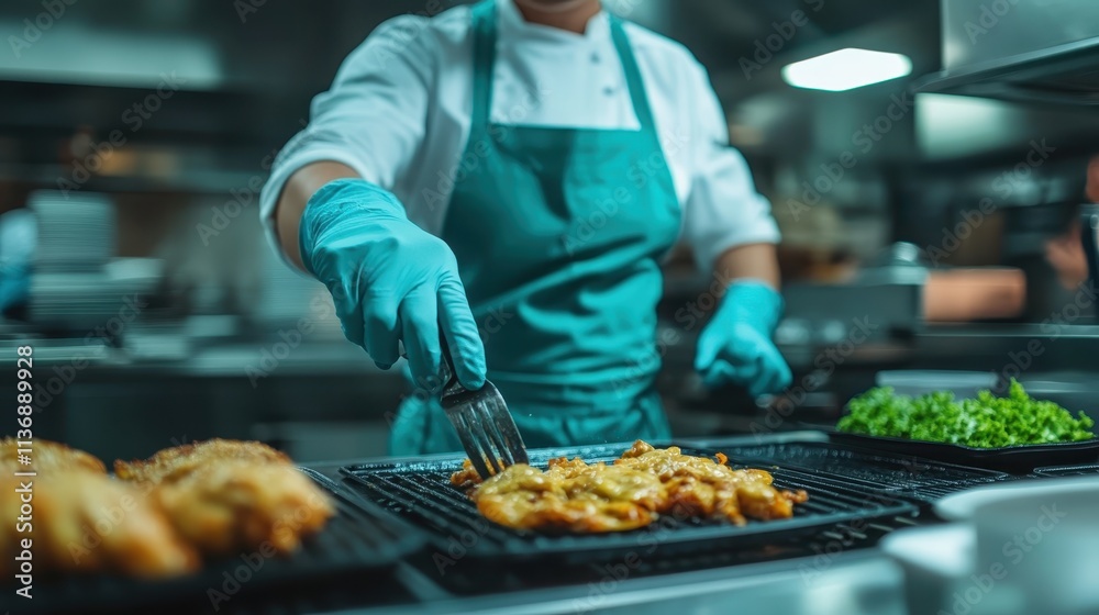 A chef wearing a blue apron and gloves is tending to delicious grilled dishes in a bustling kitchen, highlighting culinary precision and expertise. A chef wearing a blue apron and gloves is tending to delicious grilled dishes in a bustling kitchen, highlighting culinary precision and expertise.