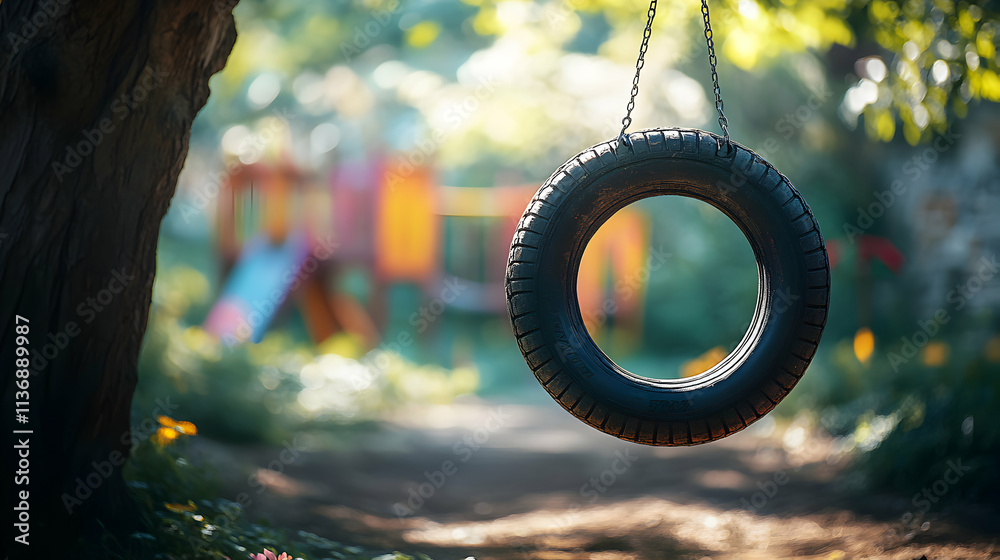 Tire Swing Hanging from Tree in Sunny Park, Play Area in Background Tire Swing Hanging from Tree in Sunny Park, Play Area in Background