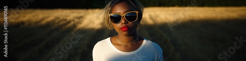A woman wearing sunglasses and a red lipstick stands in a field. Concept of casualness and relaxation, as the woman is dressed in a white shirt and sunglasses