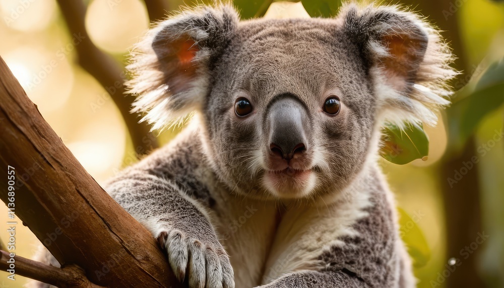 Naklejka premium A charming koala sits calmly on a tree branch, surrounded by vibrant green foliage and warm light, showcasing its adorable features in a peaceful forest setting
