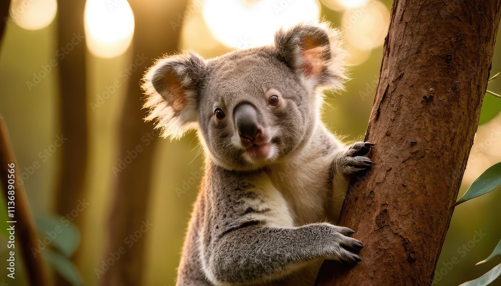 Naklejka premium A charming koala sits calmly on a tree branch, surrounded by vibrant green foliage and warm light, showcasing its adorable features in a peaceful forest setting