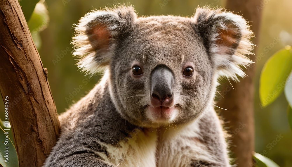 Naklejka premium A charming koala sits calmly on a tree branch, surrounded by vibrant green foliage and warm light, showcasing its adorable features in a peaceful forest setting