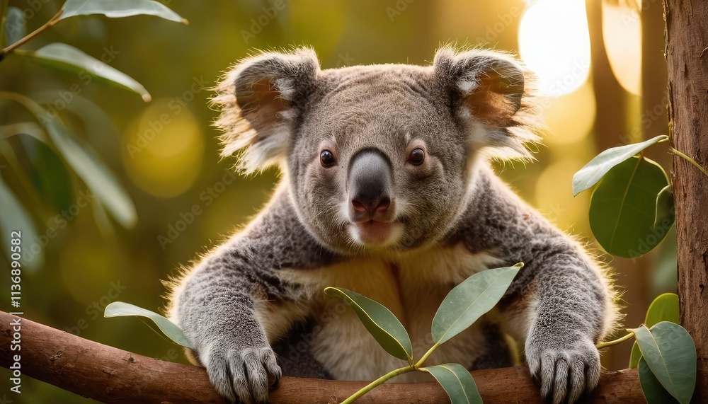 Fototapeta premium A charming koala sits calmly on a tree branch, surrounded by vibrant green foliage and warm light, showcasing its adorable features in a peaceful forest setting