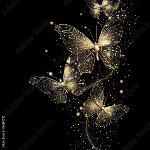 Plano de fundo com borboletas douradas prateadas, muita  magia com luz brilhante, gliter sobre fundo preto