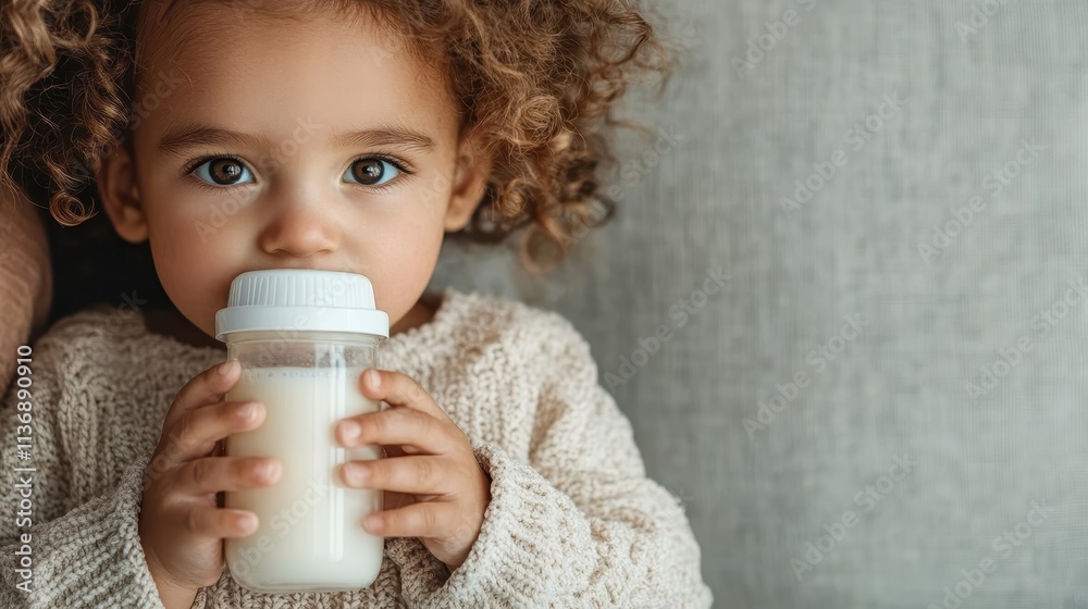A close-up of an adorable child with curly hair, intently drinking milk from a bottle, set against a neutral background, conveying innocence and nourishment. A close-up of an adorable child with curly hair, intently drinking milk from a bottle, set against a neutral background, conveying innocence and nourishment.